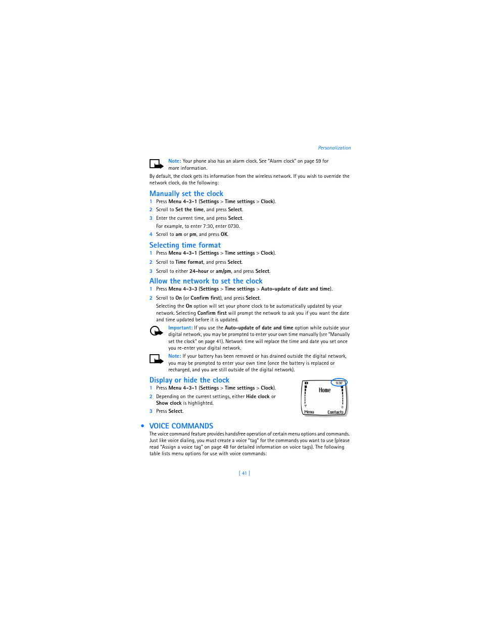 Voice commands, Manually set the clock, Selecting time format | Allow the network to set the clock, Display or hide the clock | Nokia 2285 User Manual | Page 46 / 201