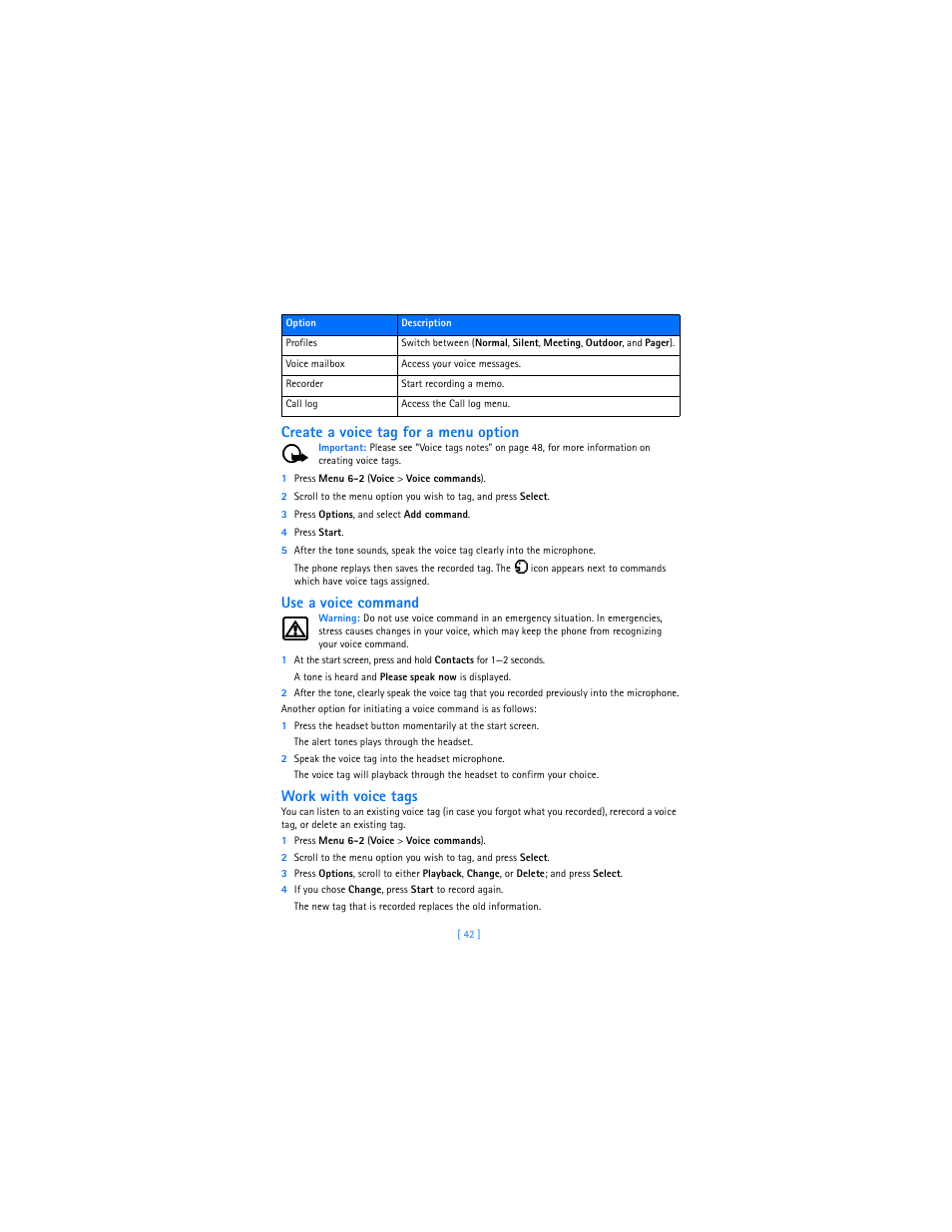 Create a voice tag for a menu option, Use a voice command, Work with voice tags | Nokia 2285 User Manual | Page 47 / 201