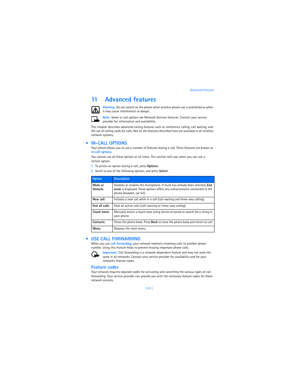 11 advanced features, In-call options, Use call forwarding | Feature codes | Nokia 2285 User Manual | Page 48 / 201