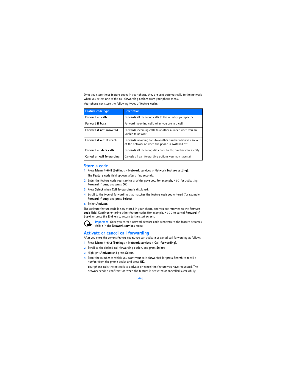 Store a code, Activate or cancel call forwarding | Nokia 2285 User Manual | Page 49 / 201