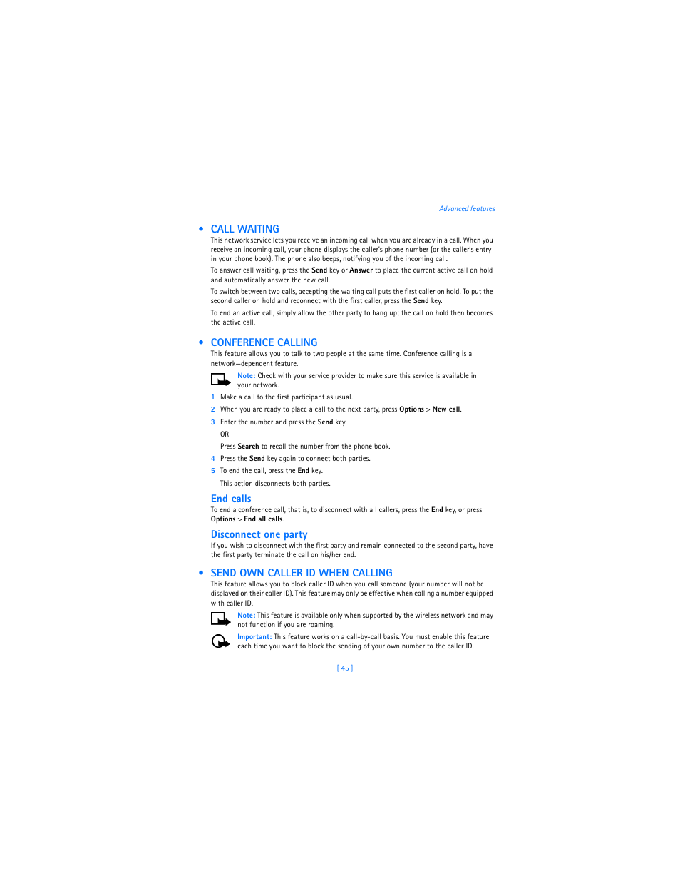 Call waiting, Conference calling, Send own caller id when calling | End calls, Disconnect one party | Nokia 2285 User Manual | Page 50 / 201