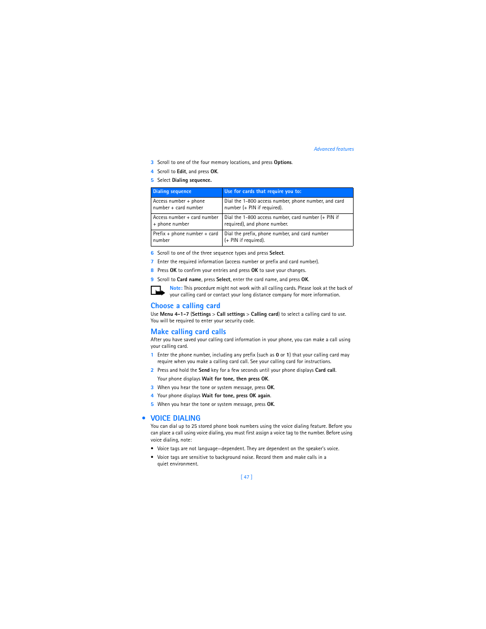 Voice dialing, Choose a calling card, Make calling card calls | Nokia 2285 User Manual | Page 52 / 201