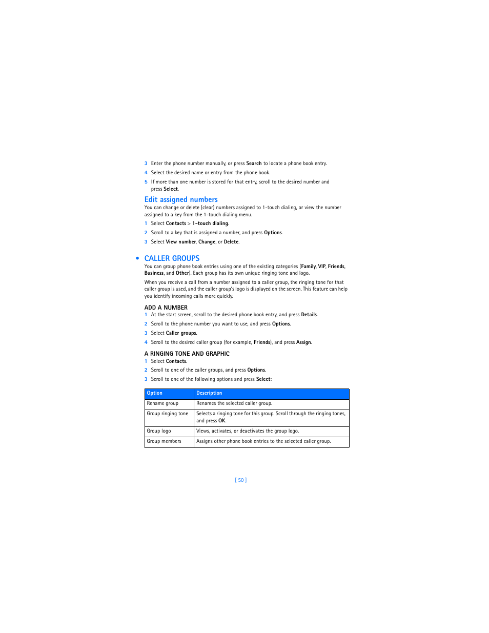 Caller groups, Edit assigned numbers | Nokia 2285 User Manual | Page 55 / 201