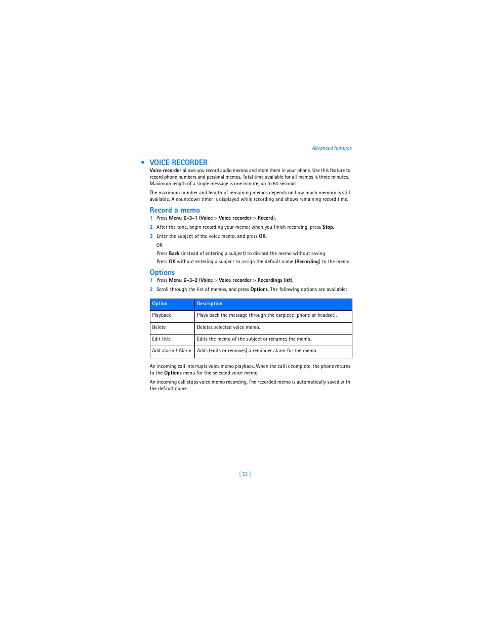 Voice recorder, Options | Nokia 2285 User Manual | Page 58 / 201