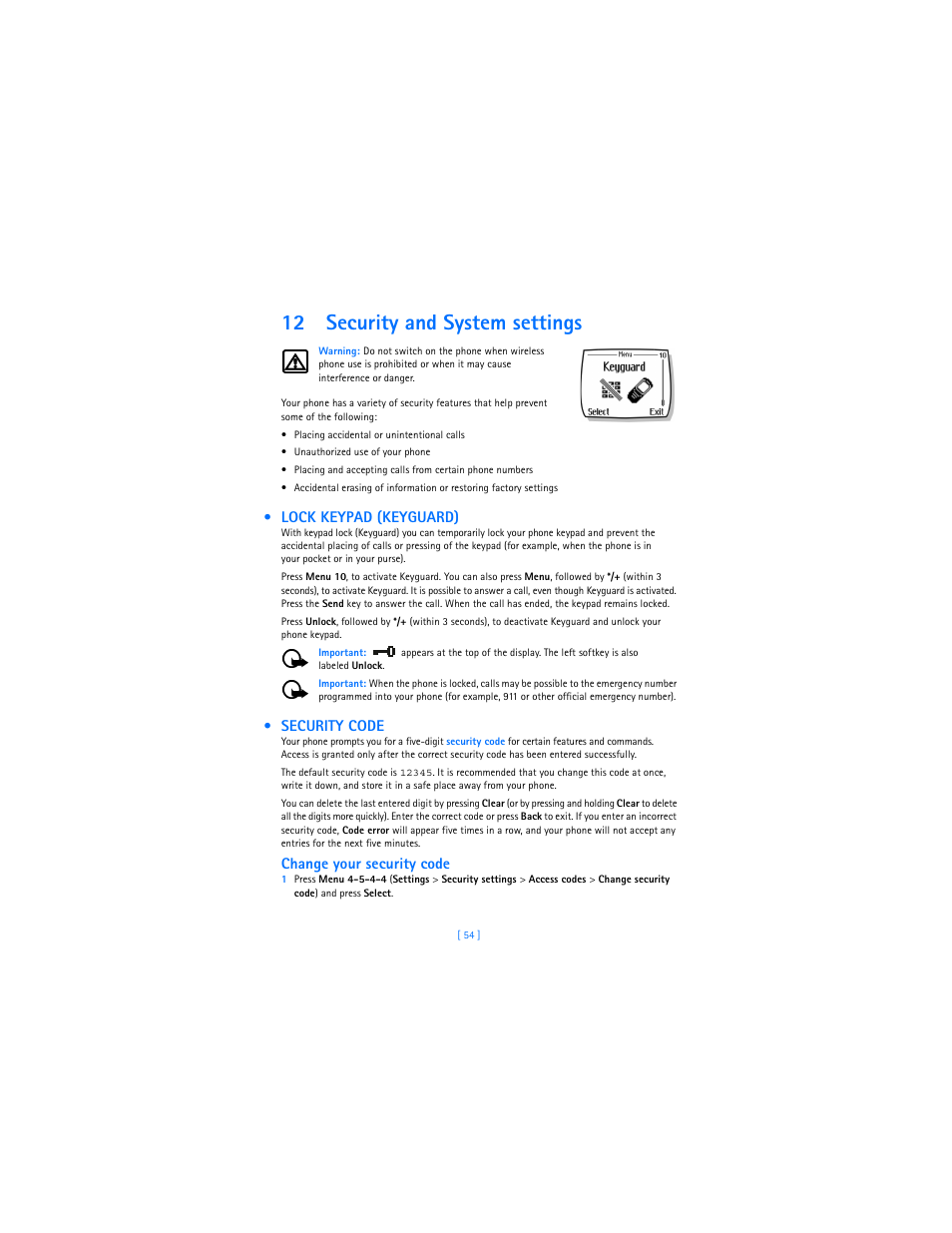 12 security and system settings, Lock keypad (keyguard), Security code | Change your security code | Nokia 2285 User Manual | Page 59 / 201