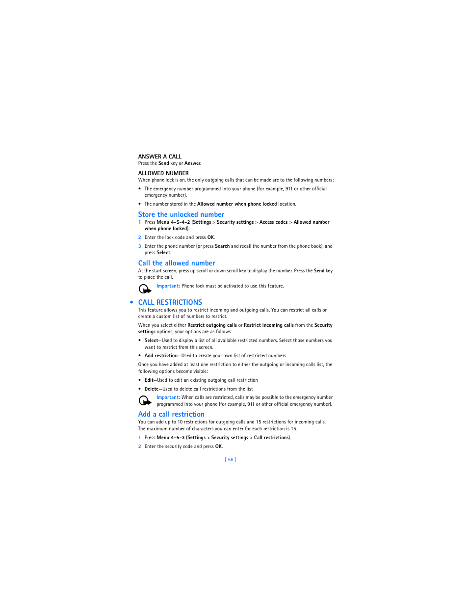 Call restrictions, Store the unlocked number, Call the allowed number | Add a call restriction | Nokia 2285 User Manual | Page 61 / 201