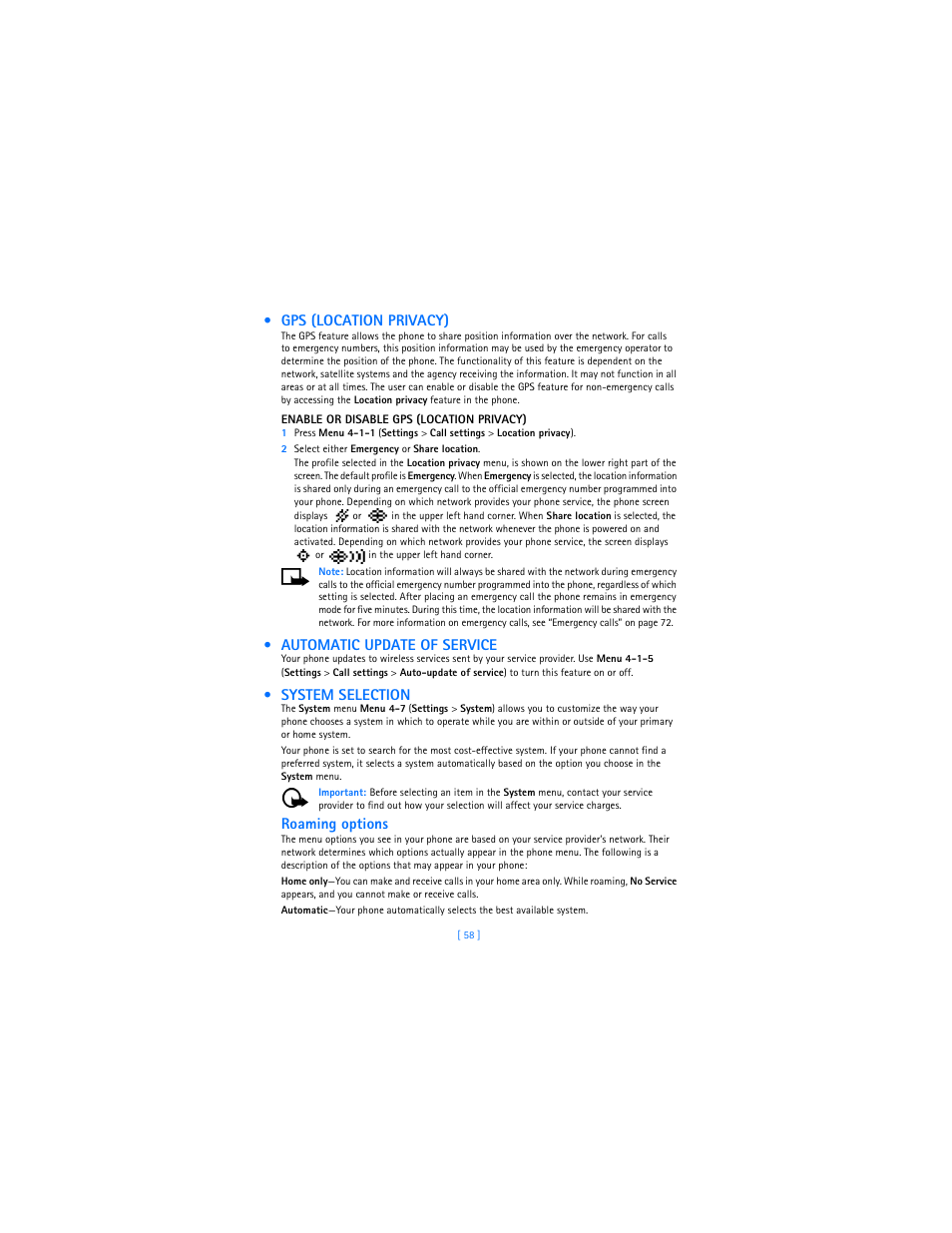 Gps (location privacy), Automatic update of service, System selection | Roaming options | Nokia 2285 User Manual | Page 63 / 201