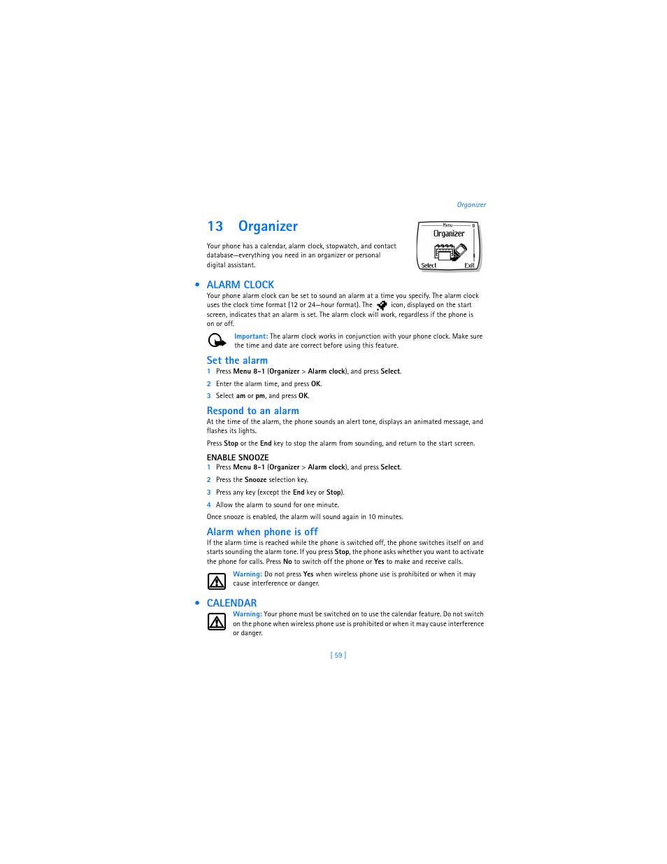 13 organizer, Alarm clock, Calendar | Set the alarm, Respond to an alarm, Alarm when phone is off | Nokia 2285 User Manual | Page 64 / 201