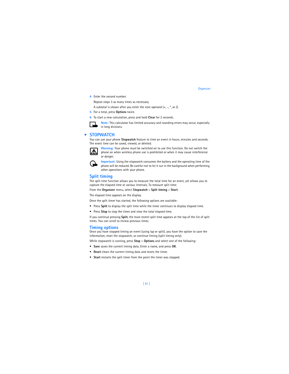 Stopwatch, Split timing, Timing options | Nokia 2285 User Manual | Page 66 / 201