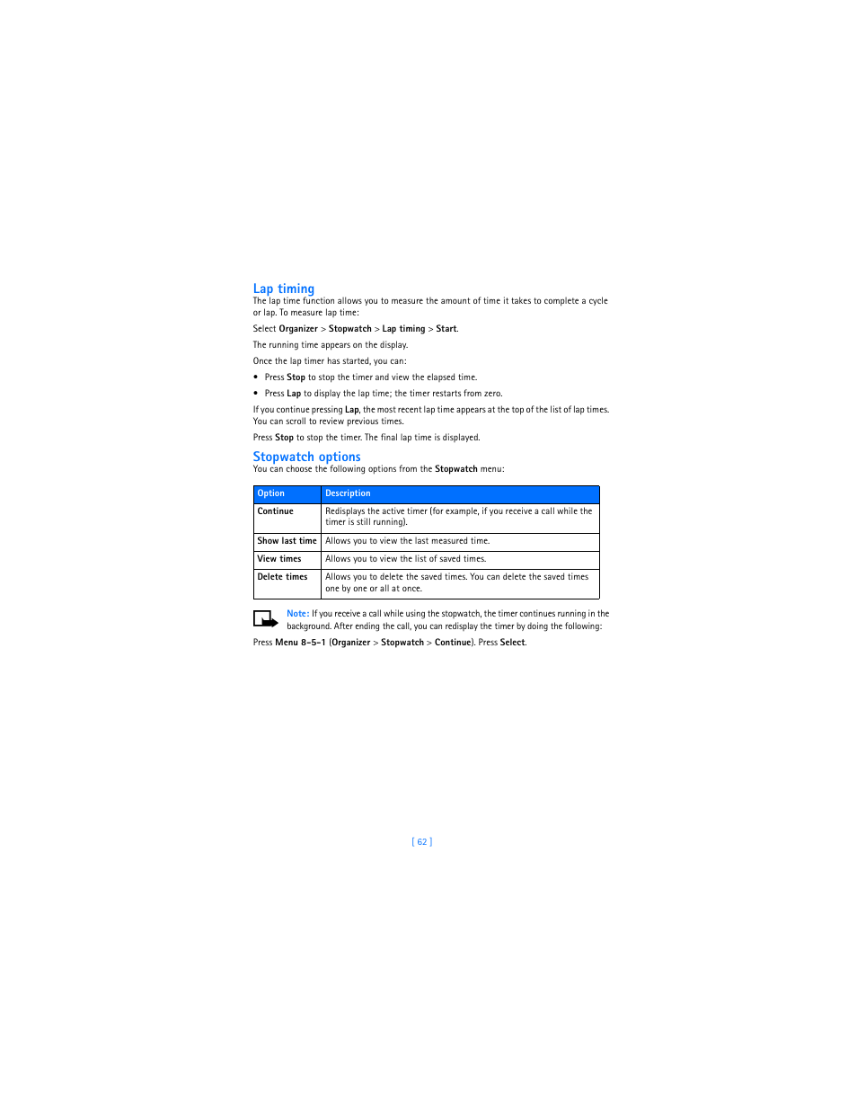 Lap timing, Stopwatch options | Nokia 2285 User Manual | Page 67 / 201