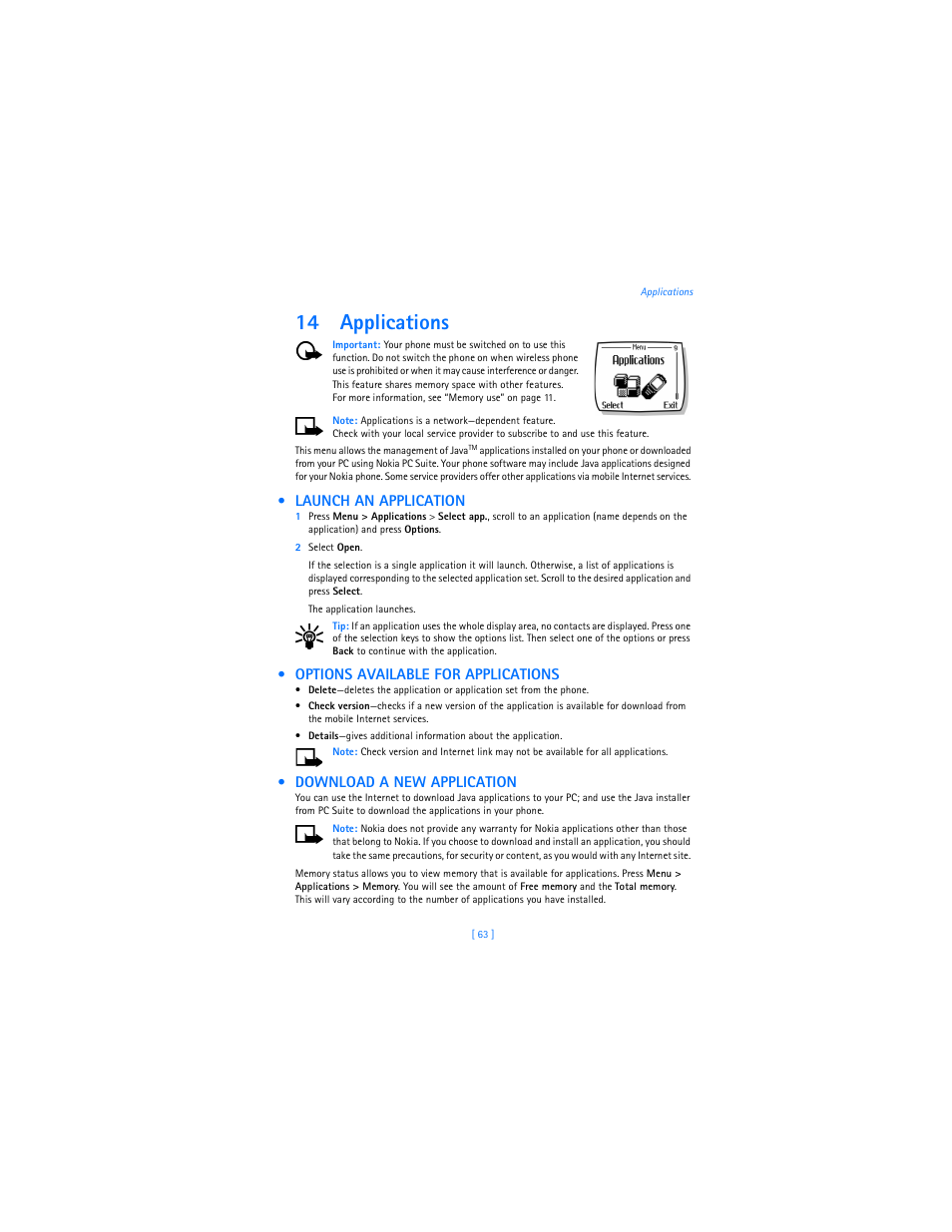 14 applications, Launch an application, Options available for applications | Download a new application | Nokia 2285 User Manual | Page 68 / 201