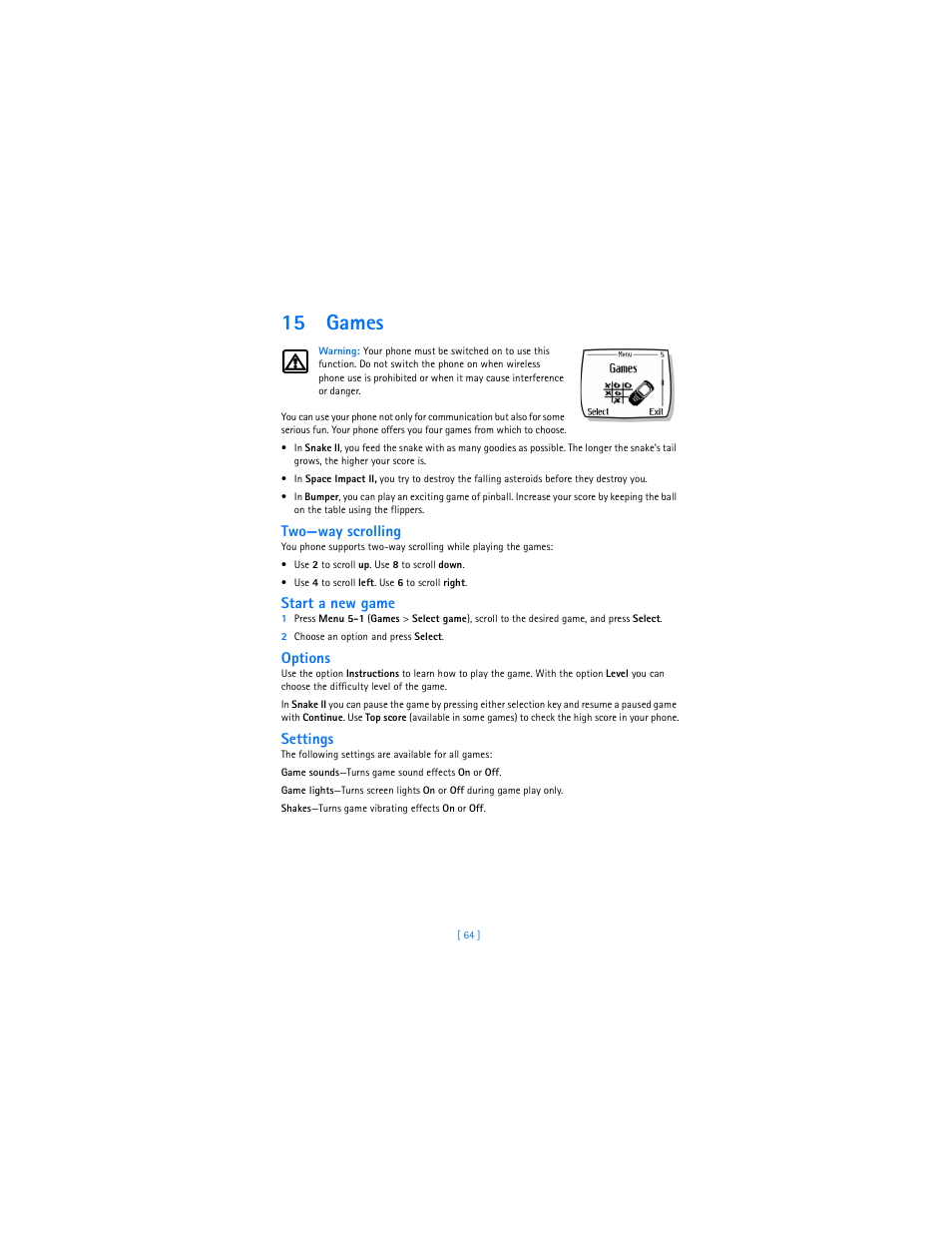 15 games, Two—way scrolling, Start a new game | Options, Settings | Nokia 2285 User Manual | Page 69 / 201