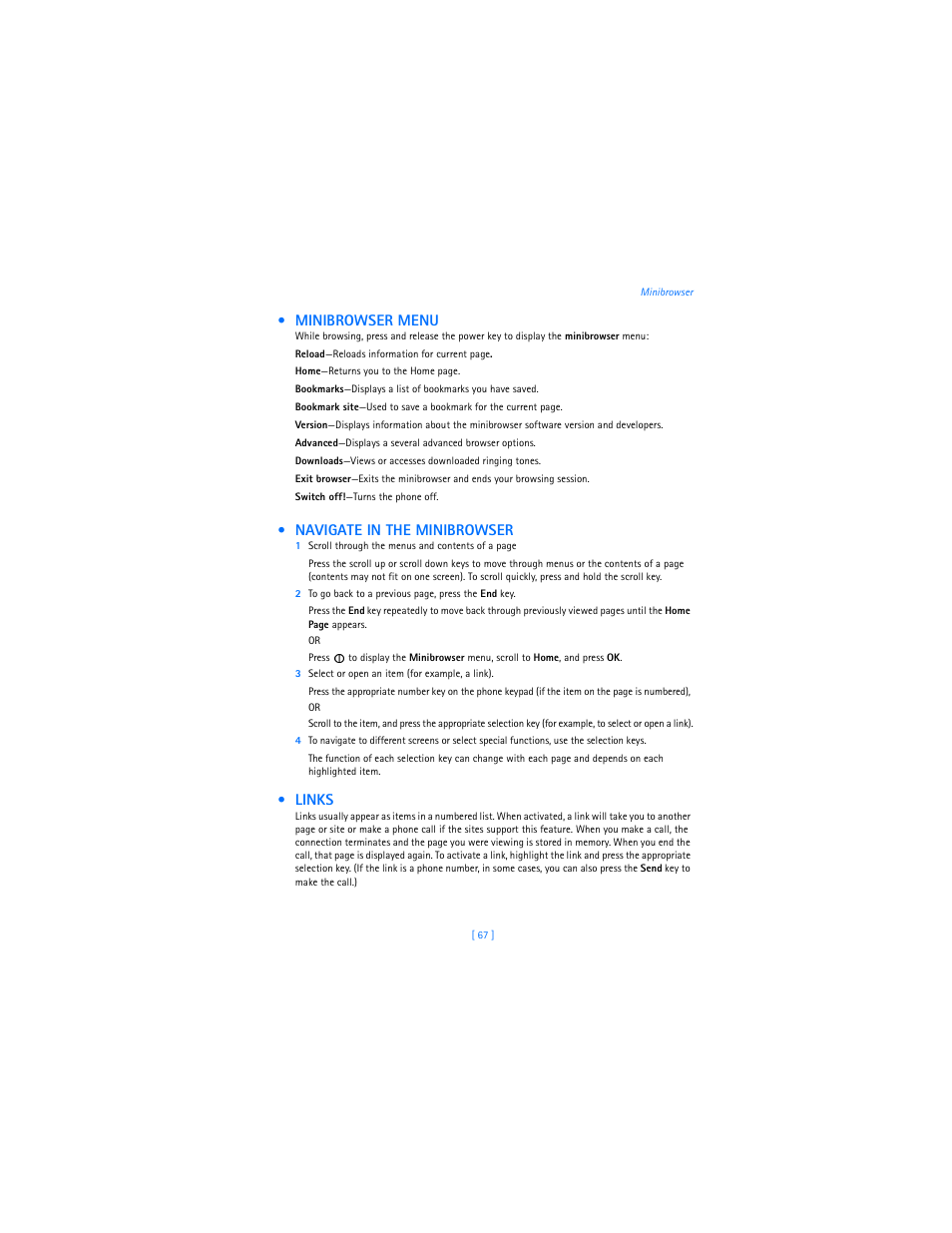 Minibrowser menu, Navigate in the minibrowser, Links | Nokia 2285 User Manual | Page 72 / 201
