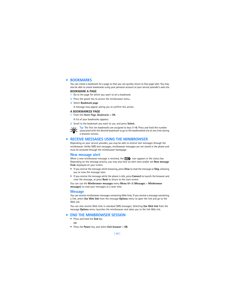 Bookmarks, Receive messages using the minibrowser, End the minibrowser session | New message alert, Message | Nokia 2285 User Manual | Page 73 / 201