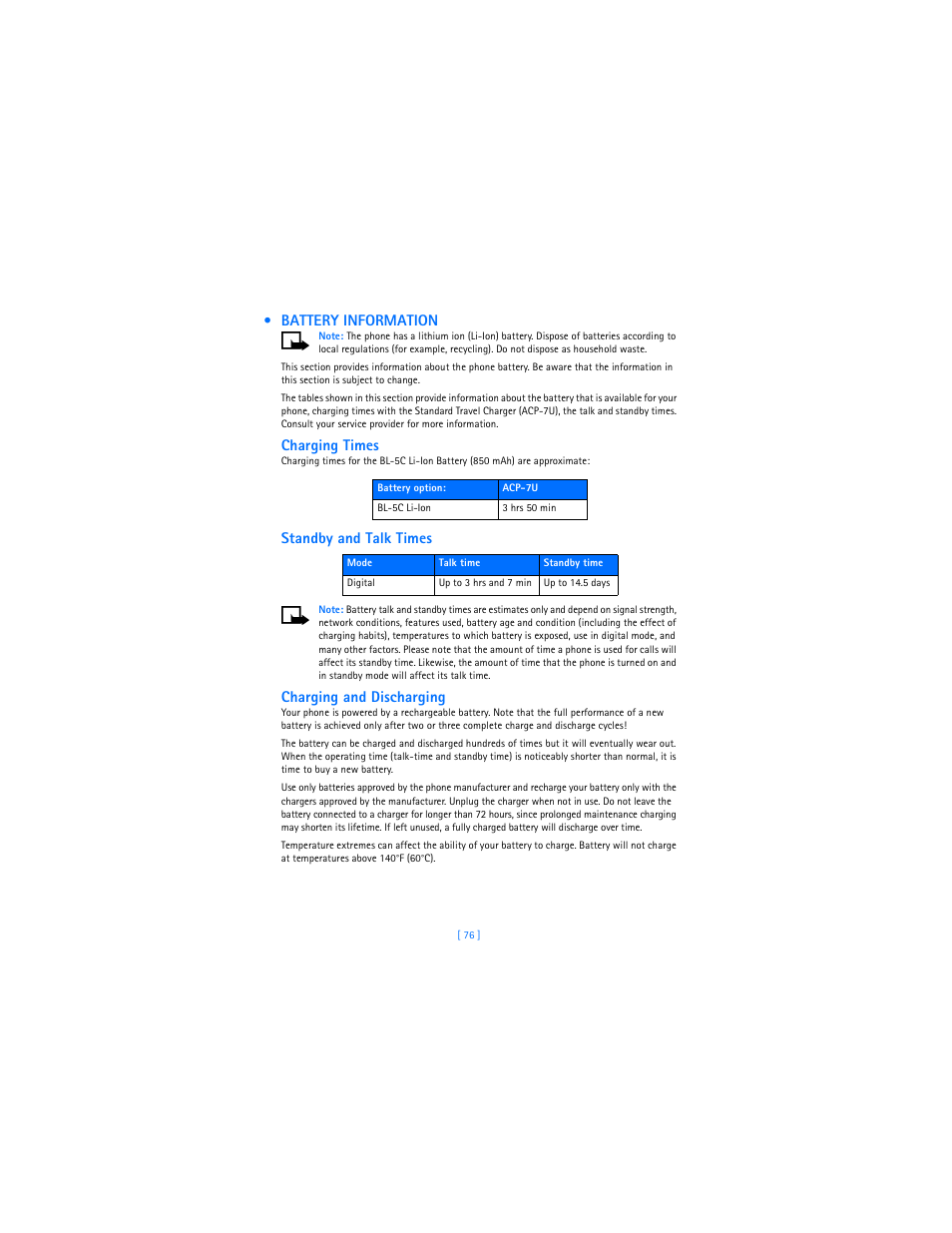 Battery information, Charging times, Standby and talk times | Charging and discharging | Nokia 2285 User Manual | Page 81 / 201