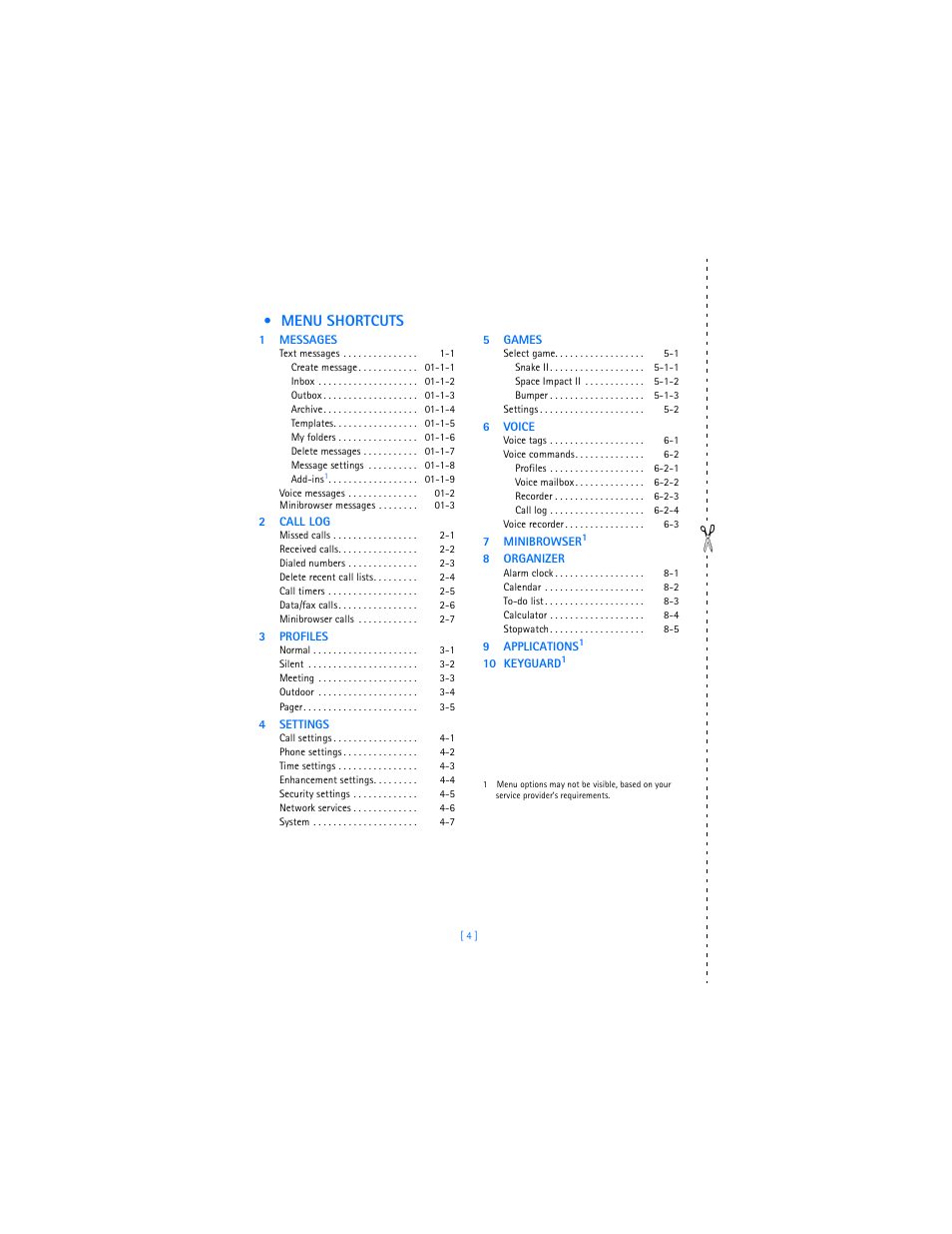 Menu shortcuts | Nokia 2285 User Manual | Page 9 / 201