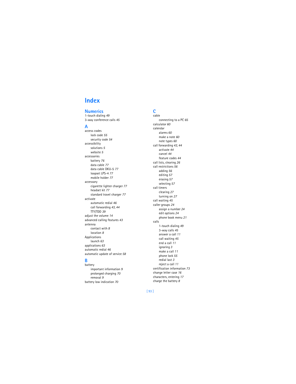 Index, Numerics | Nokia 2285 User Manual | Page 98 / 201