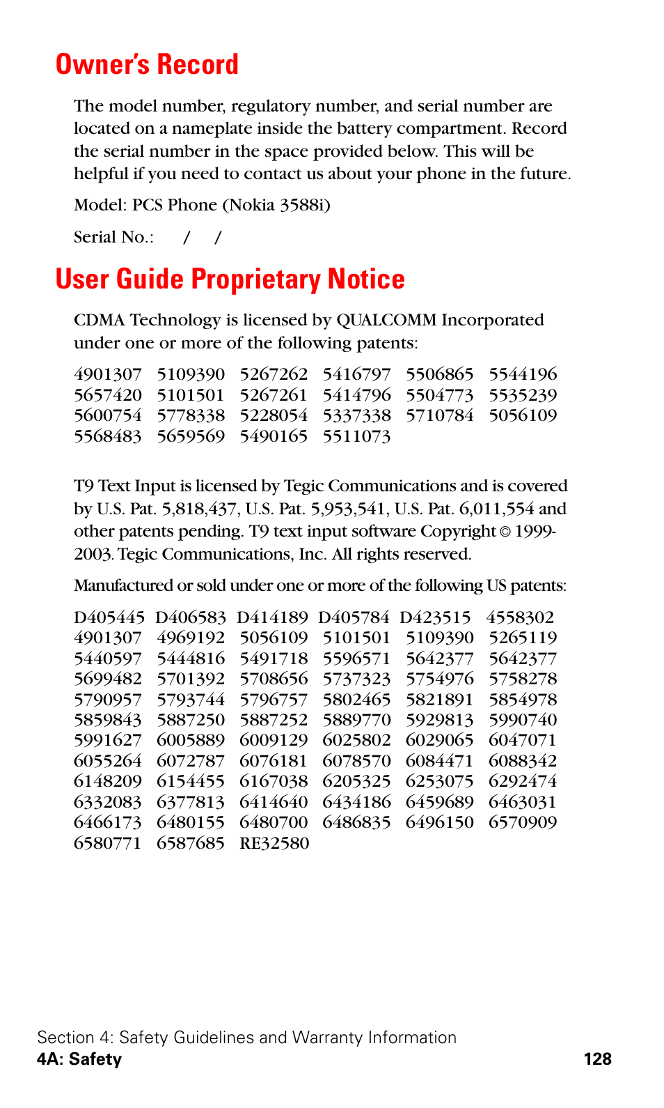 Owner’s record, User guide proprietary notice, Owner’s record user guide proprietary notice | Nokia 3588i User Manual | Page 135 / 145