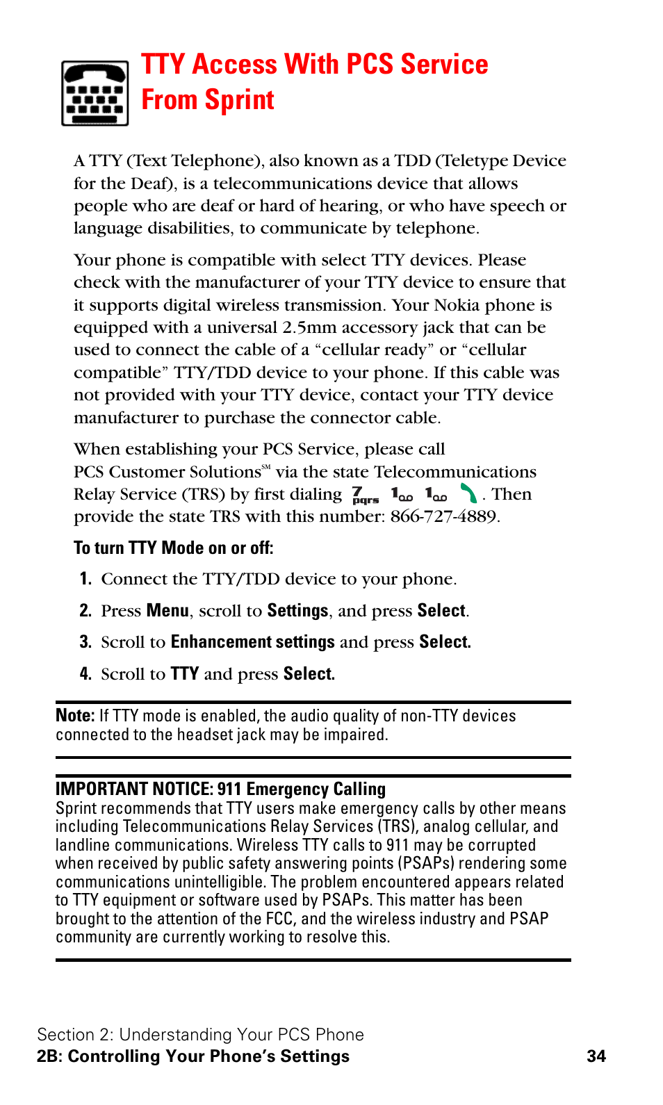 Tty access with pcs service from sprint | Nokia 3588i User Manual | Page 41 / 145