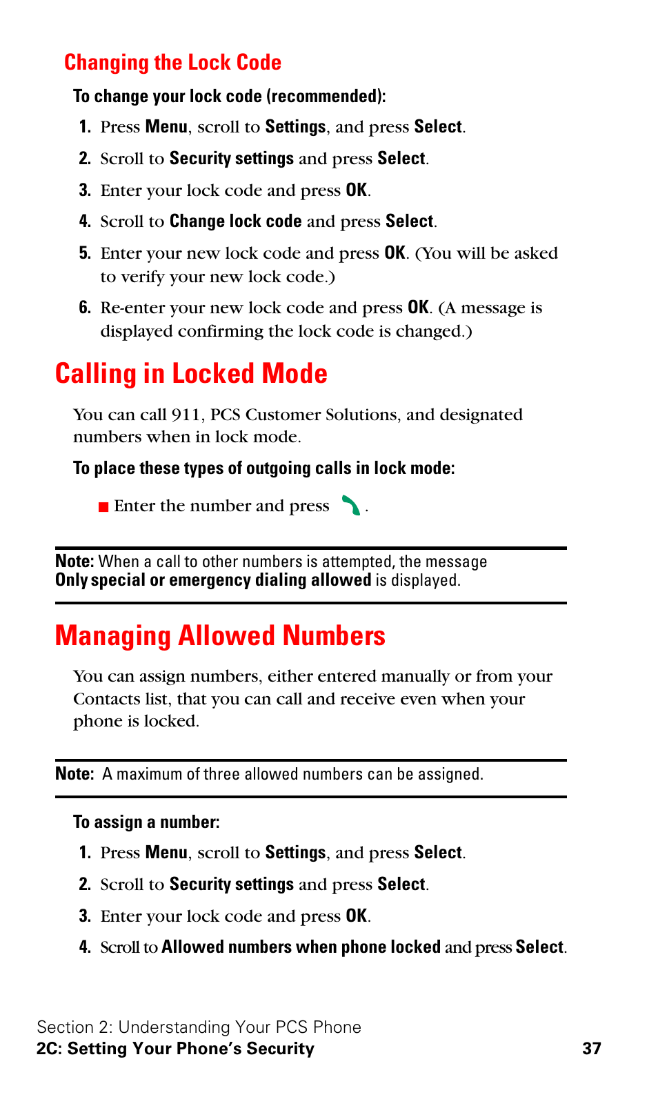 Changing the lock code, Calling in locked mode, Managing allowed numbers | Calling in locked mode managing allowed numbers | Nokia 3588i User Manual | Page 44 / 145