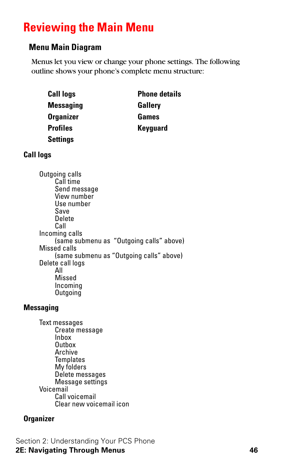 Reviewing the main menu, Menu main diagram | Nokia 3588i User Manual | Page 53 / 145