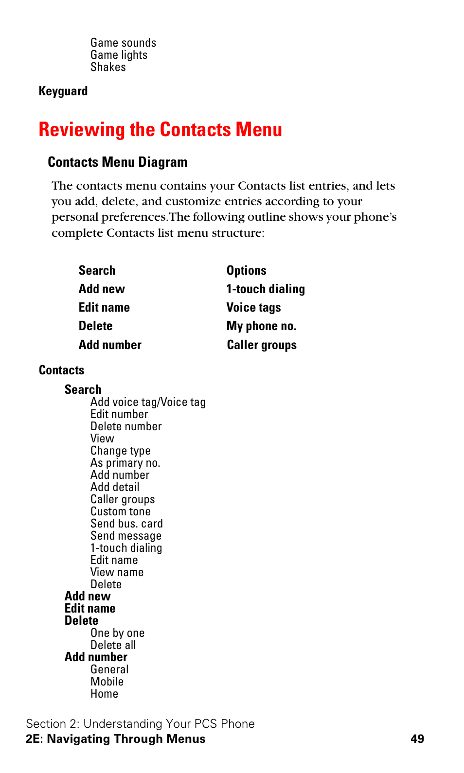 Reviewing the contacts menu, Contacts menu diagram | Nokia 3588i User Manual | Page 56 / 145