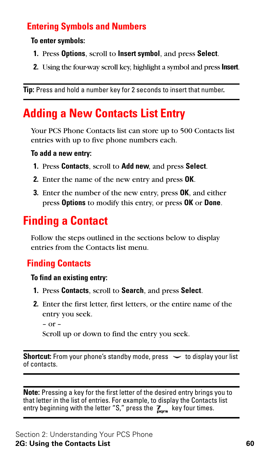 Entering symbols and numbers, Adding a new contacts list entry, Finding a contact | Finding contacts, Adding a new contacts list entry finding a contact | Nokia 3588i User Manual | Page 67 / 145