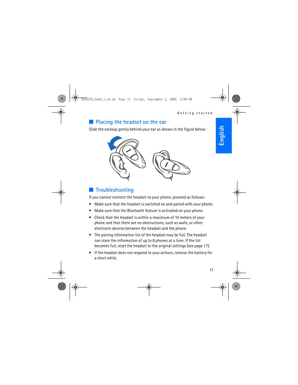 English, Placing the headset on the ear, Troubleshooting | Nokia HDW-3 User Manual | Page 11 / 80