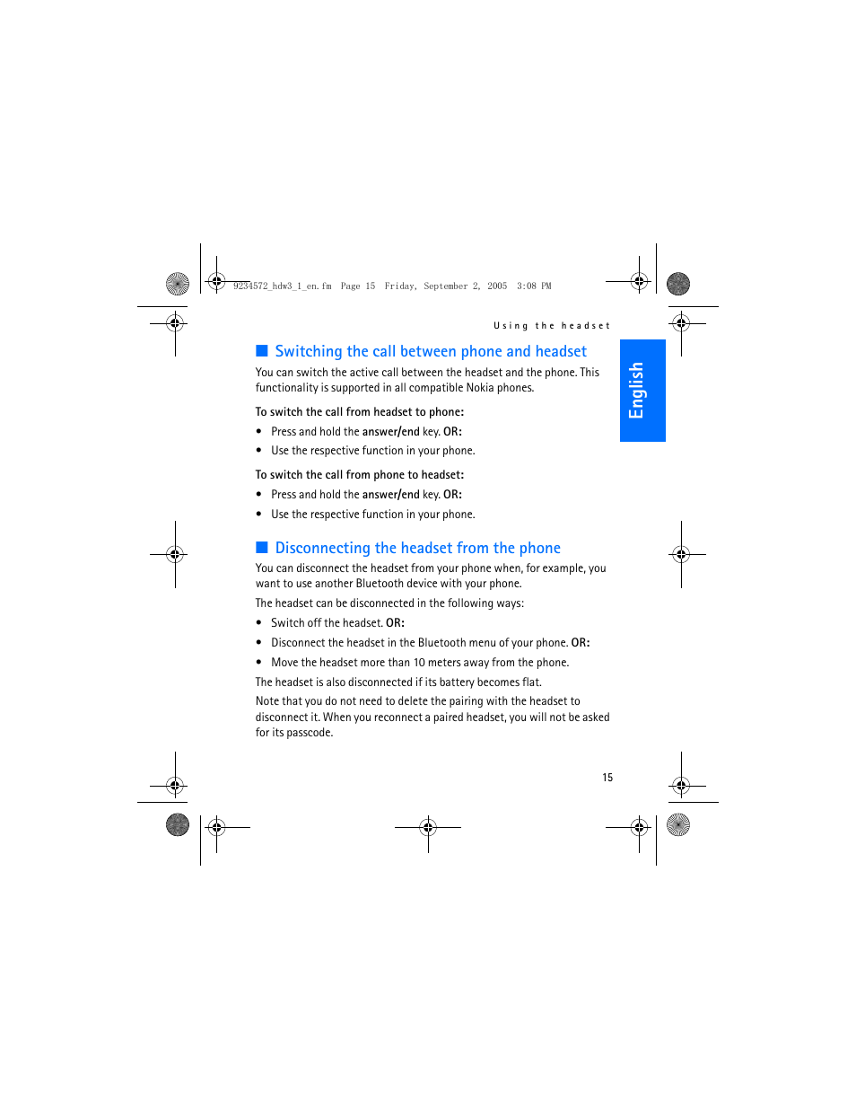 English, Switching the call between phone and headset, Disconnecting the headset from the phone | Nokia HDW-3 User Manual | Page 15 / 80