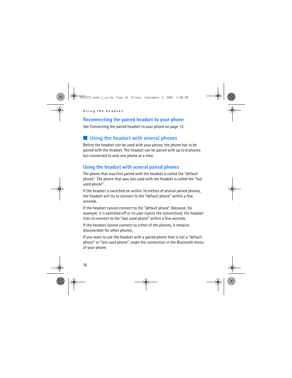 Using the headset with several phones | Nokia HDW-3 User Manual | Page 16 / 80