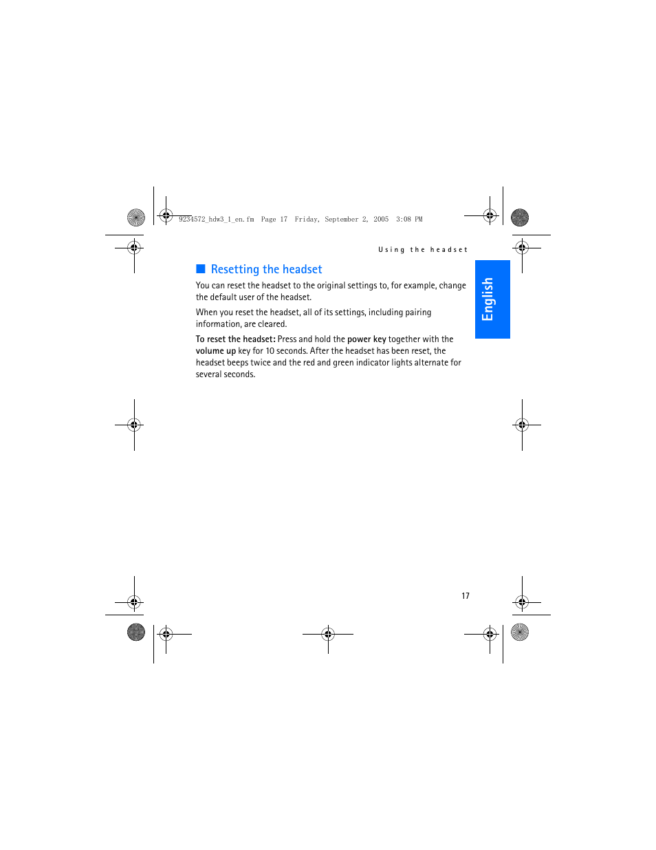 English, Resetting the headset | Nokia HDW-3 User Manual | Page 17 / 80