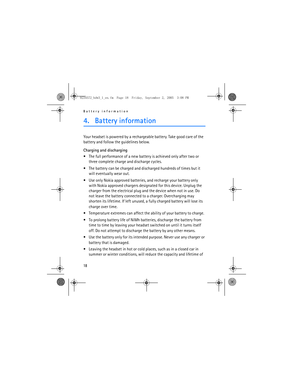 Battery information | Nokia HDW-3 User Manual | Page 18 / 80