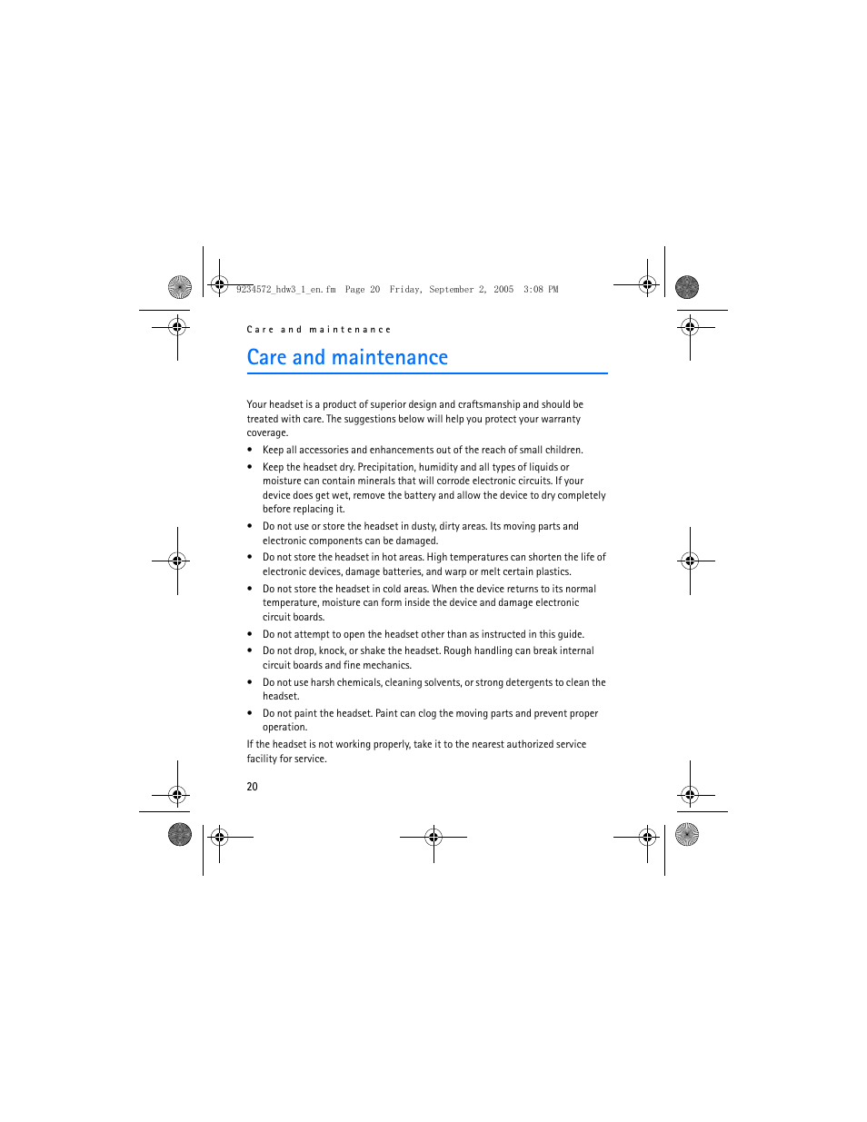 Care and maintenance | Nokia HDW-3 User Manual | Page 20 / 80