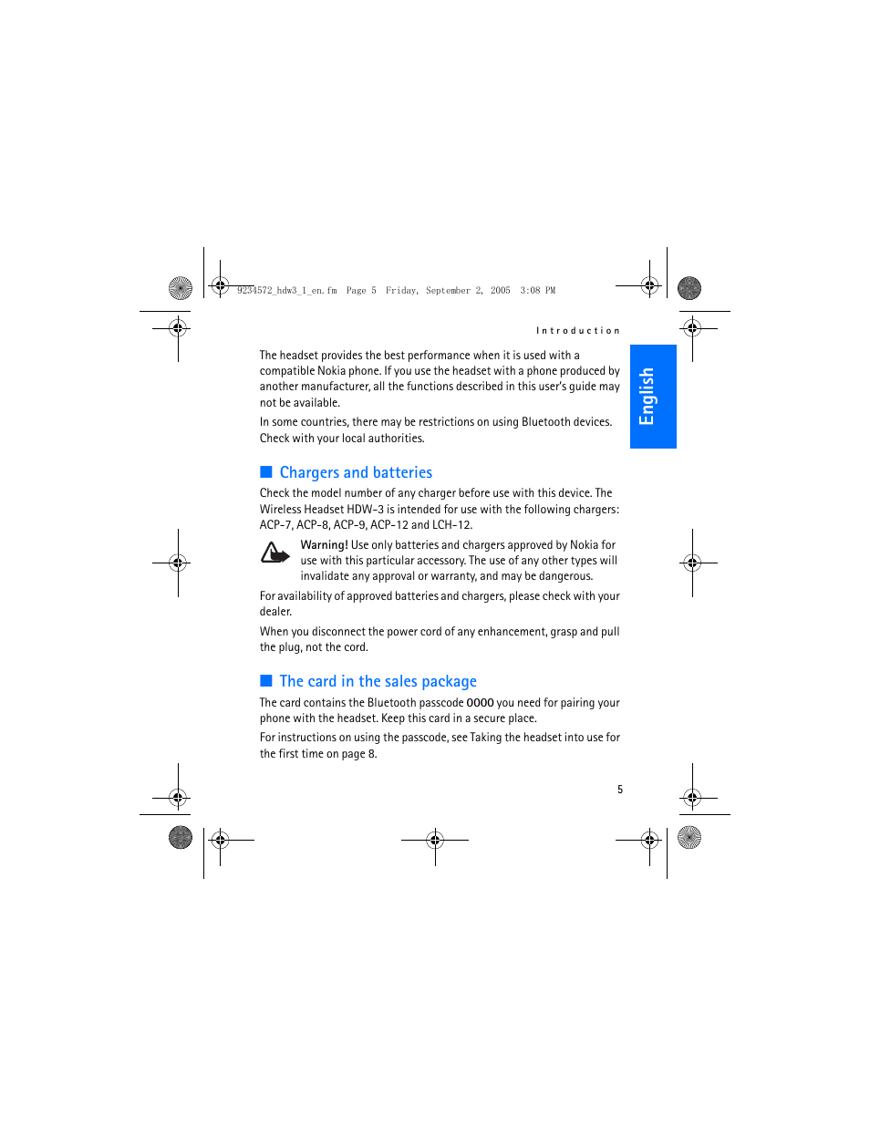 English, Chargers and batteries, The card in the sales package | Nokia HDW-3 User Manual | Page 5 / 80