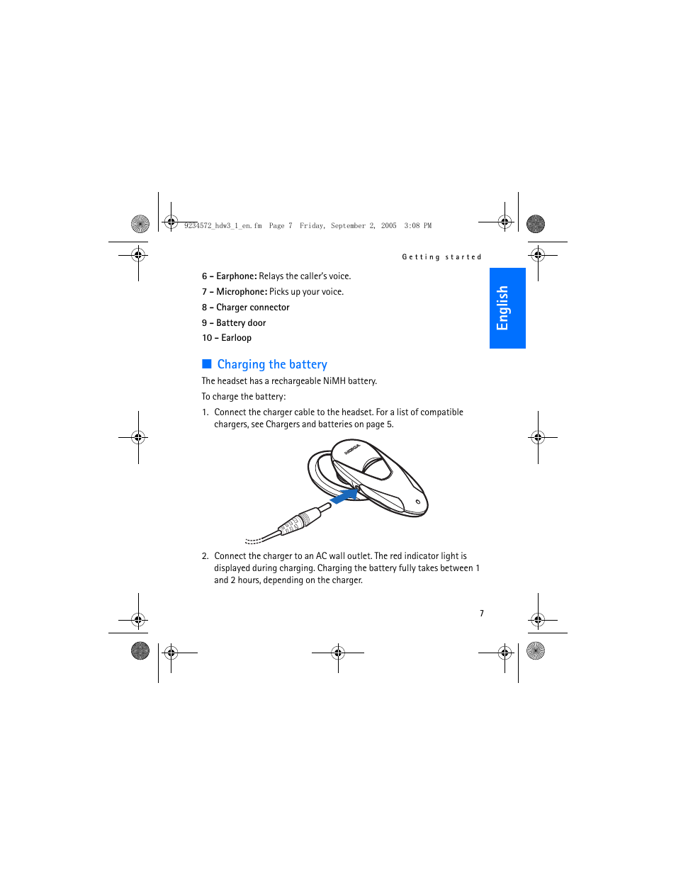 English, Charging the battery | Nokia HDW-3 User Manual | Page 7 / 80