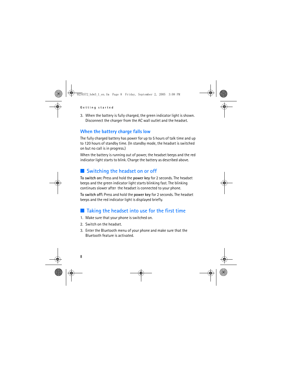 Switching the headset on or off, Taking the headset into use for the first time | Nokia HDW-3 User Manual | Page 8 / 80