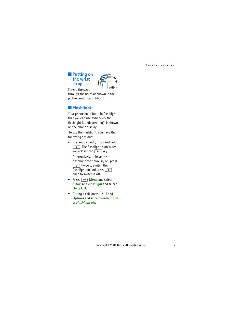 Putting on the wrist strap, Flashlight, Putting on the wrist strap flashlight | Nokia 1108 User Manual | Page 12 / 45