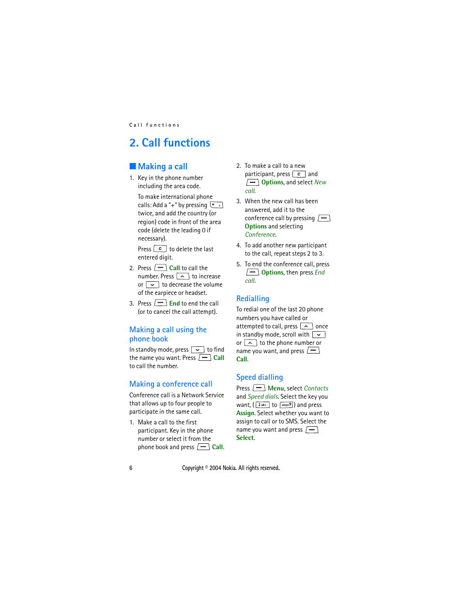 Call functions, Making a call, Making a call using the phone book | Making a conference call, Redialling, Speed dialling | Nokia 1108 User Manual | Page 13 / 45