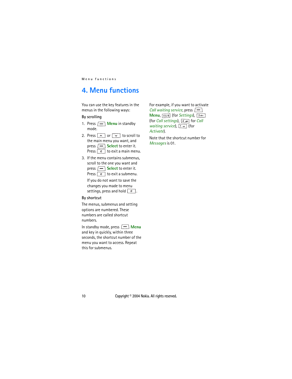 Menu functions | Nokia 1108 User Manual | Page 17 / 45