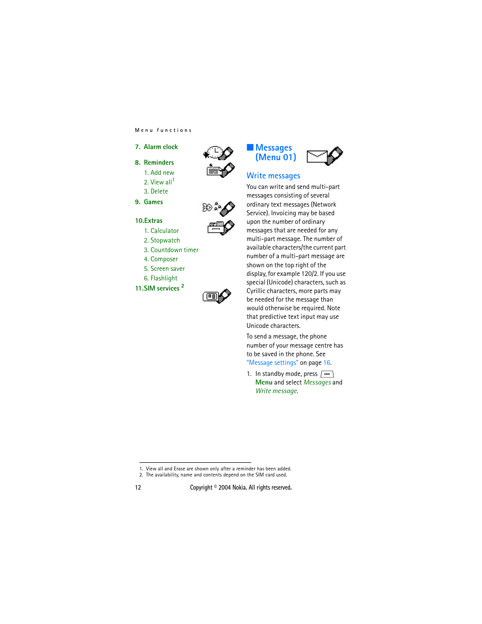Messages (menu 01), Write messages | Nokia 1108 User Manual | Page 19 / 45