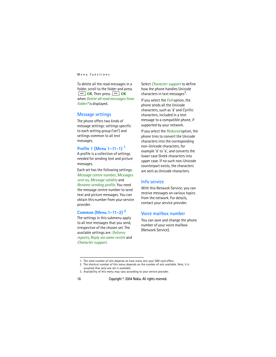 Message settings, Info service, Voice mailbox number | Message settings info service voice mailbox number, Voice, Mailbox number | Nokia 1108 User Manual | Page 23 / 45