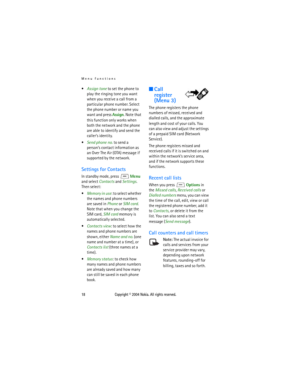 Settings for contacts, Call register (menu 3), Recent call lists | Call counters and call timers, Recent call lists call counters and call timers | Nokia 1108 User Manual | Page 25 / 45