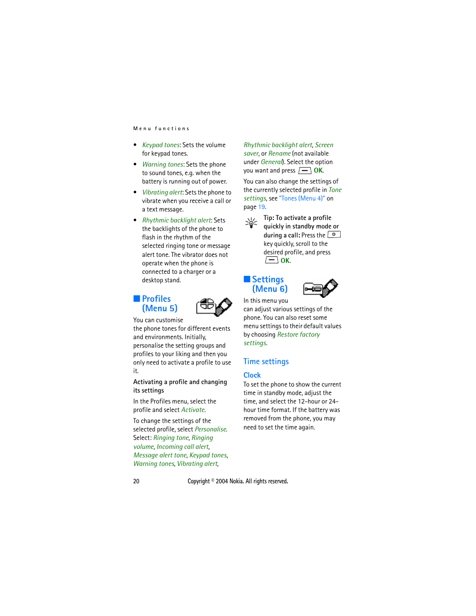 Profiles (menu 5), Settings (menu 6), Time settings | Profiles (menu 5) settings (menu 6) | Nokia 1108 User Manual | Page 27 / 45