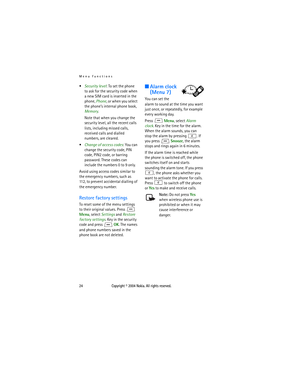 Restore factory settings, Alarm clock (menu 7) | Nokia 1108 User Manual | Page 31 / 45