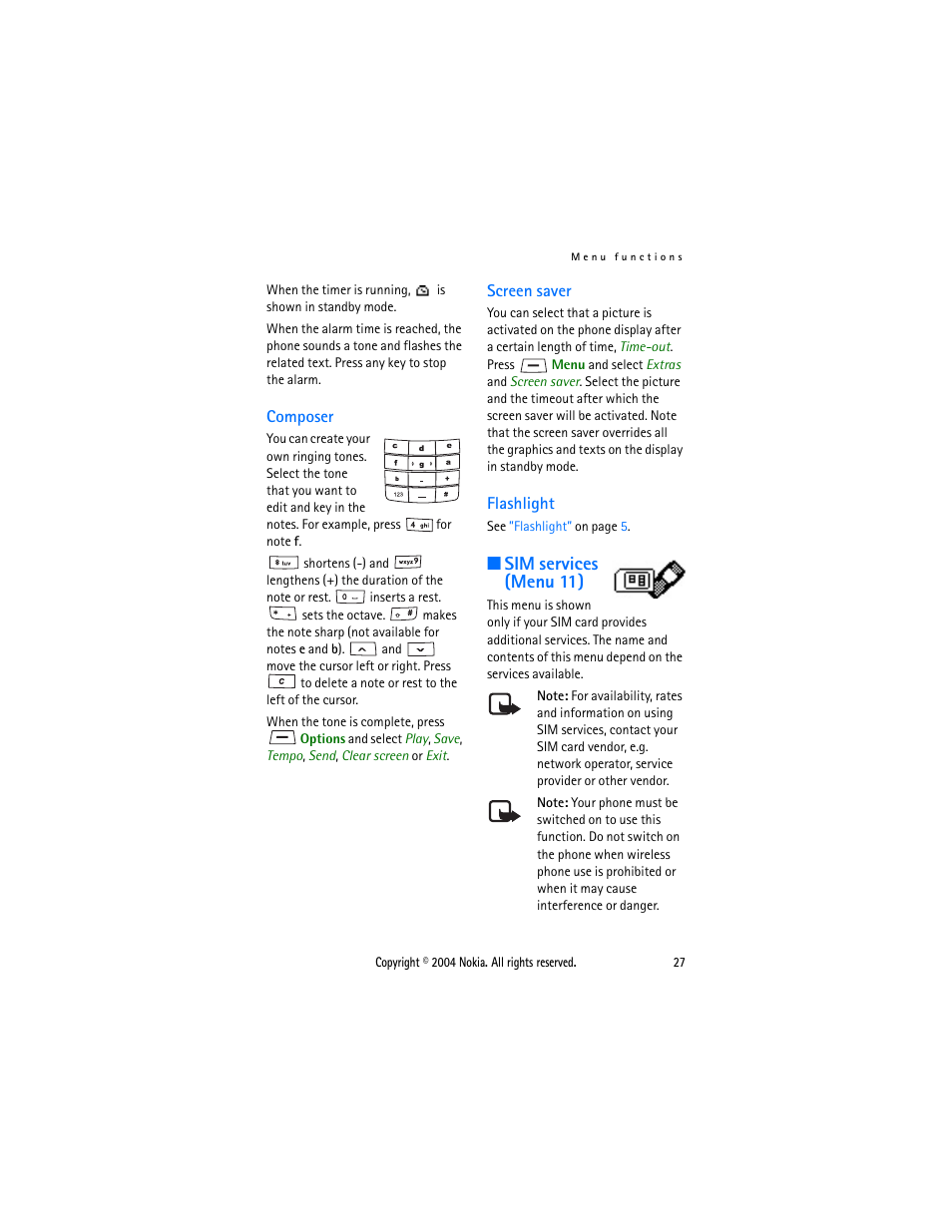 Composer, Screen saver, Flashlight | Sim services (menu 11), Composer screen saver flashlight, Services (menu 11) | Nokia 1108 User Manual | Page 34 / 45