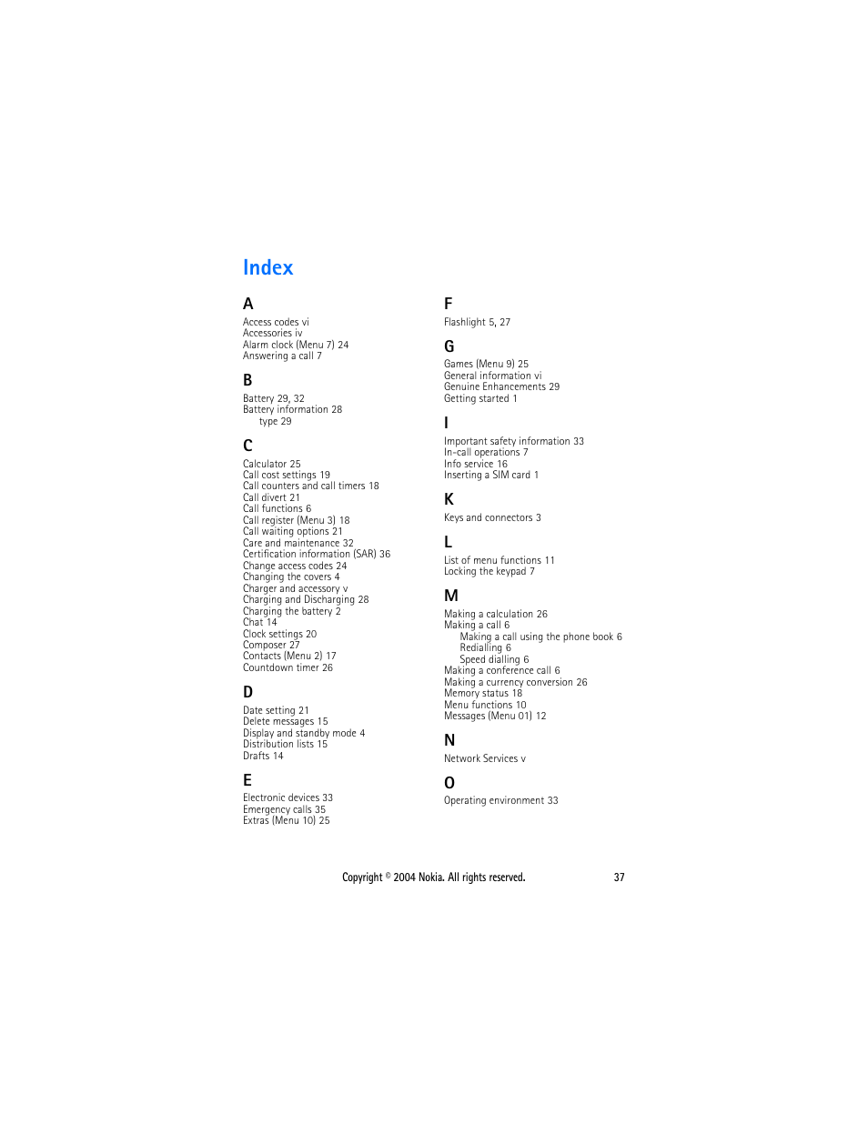 Index | Nokia 1108 User Manual | Page 44 / 45