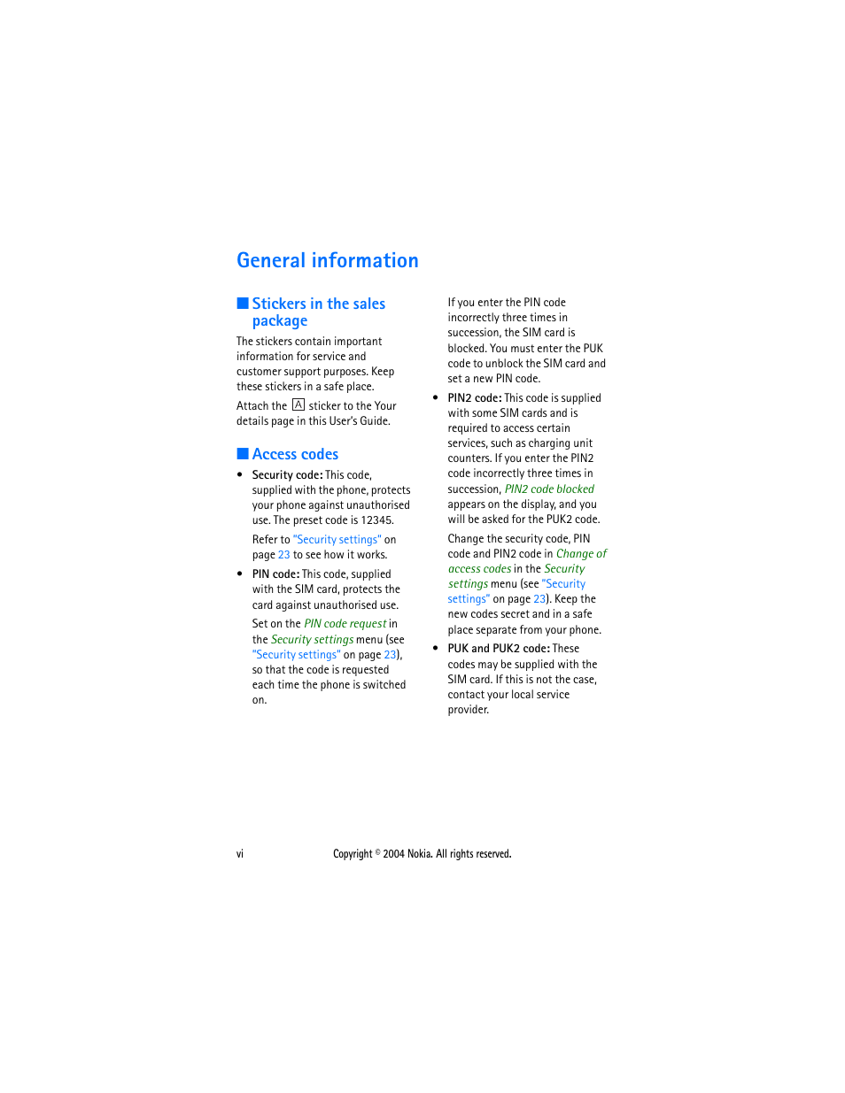 General information, Stickers in the sales package, Access codes | General information .................... vi | Nokia 1108 User Manual | Page 7 / 45