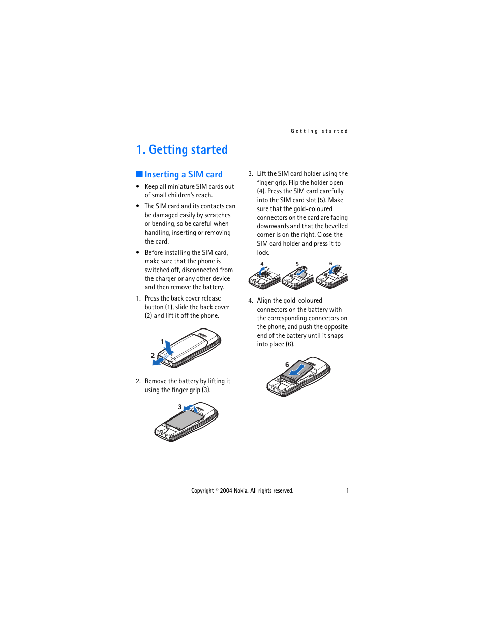 Getting started, Inserting a sim card | Nokia 1108 User Manual | Page 8 / 45