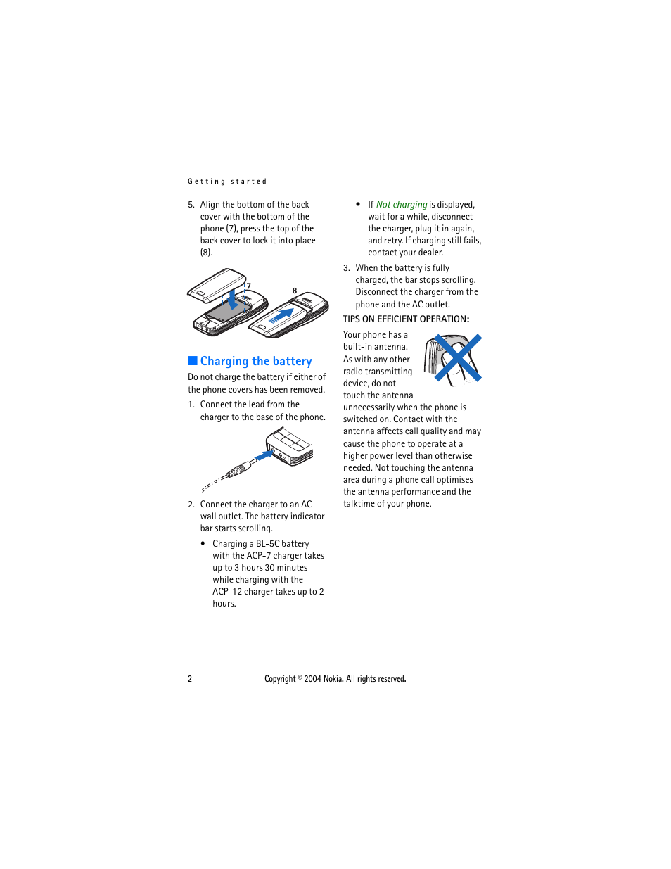 Charging the battery | Nokia 1108 User Manual | Page 9 / 45