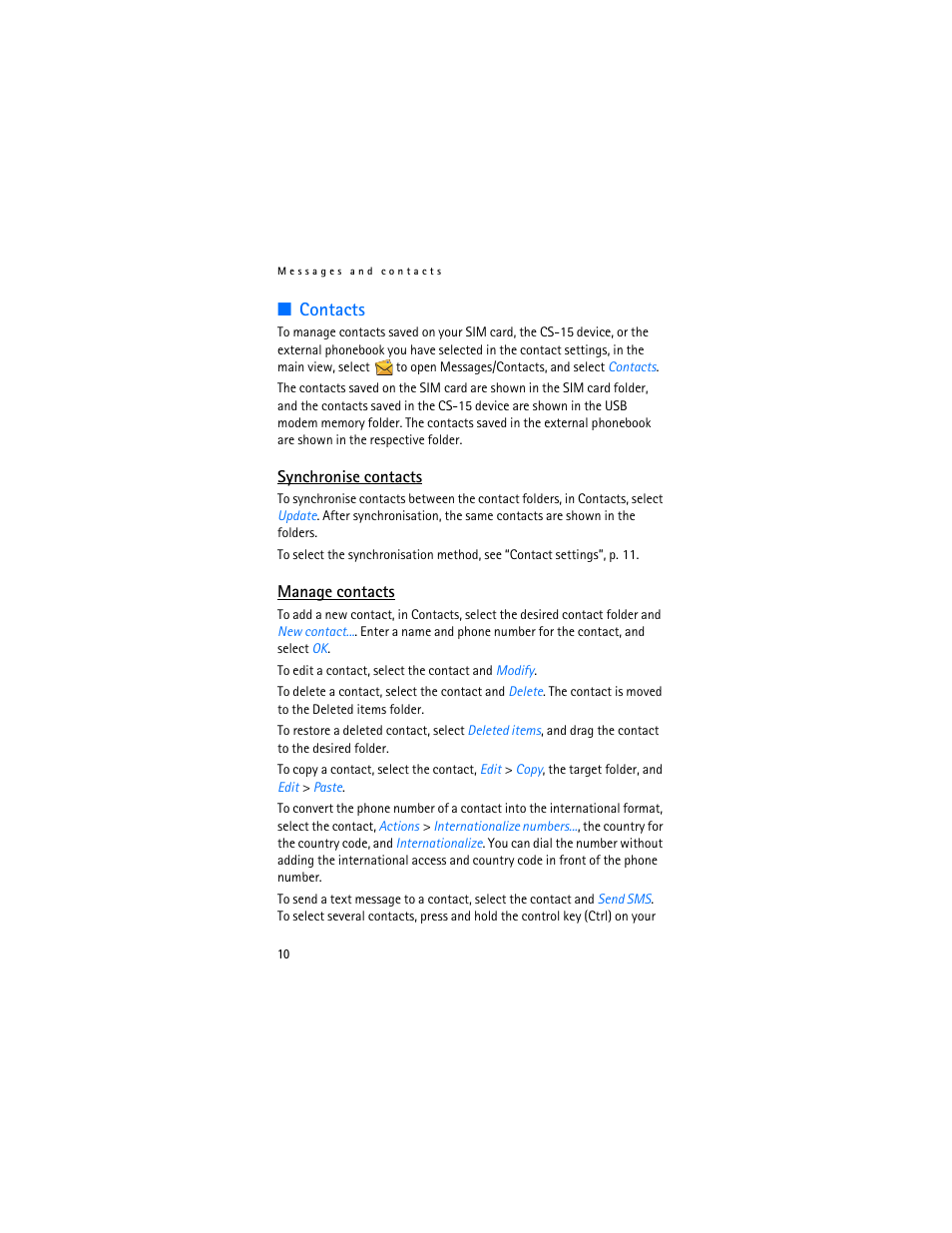 Contacts, Synchronise contacts, Manage contacts | Nokia 9216562 User Manual | Page 10 / 16